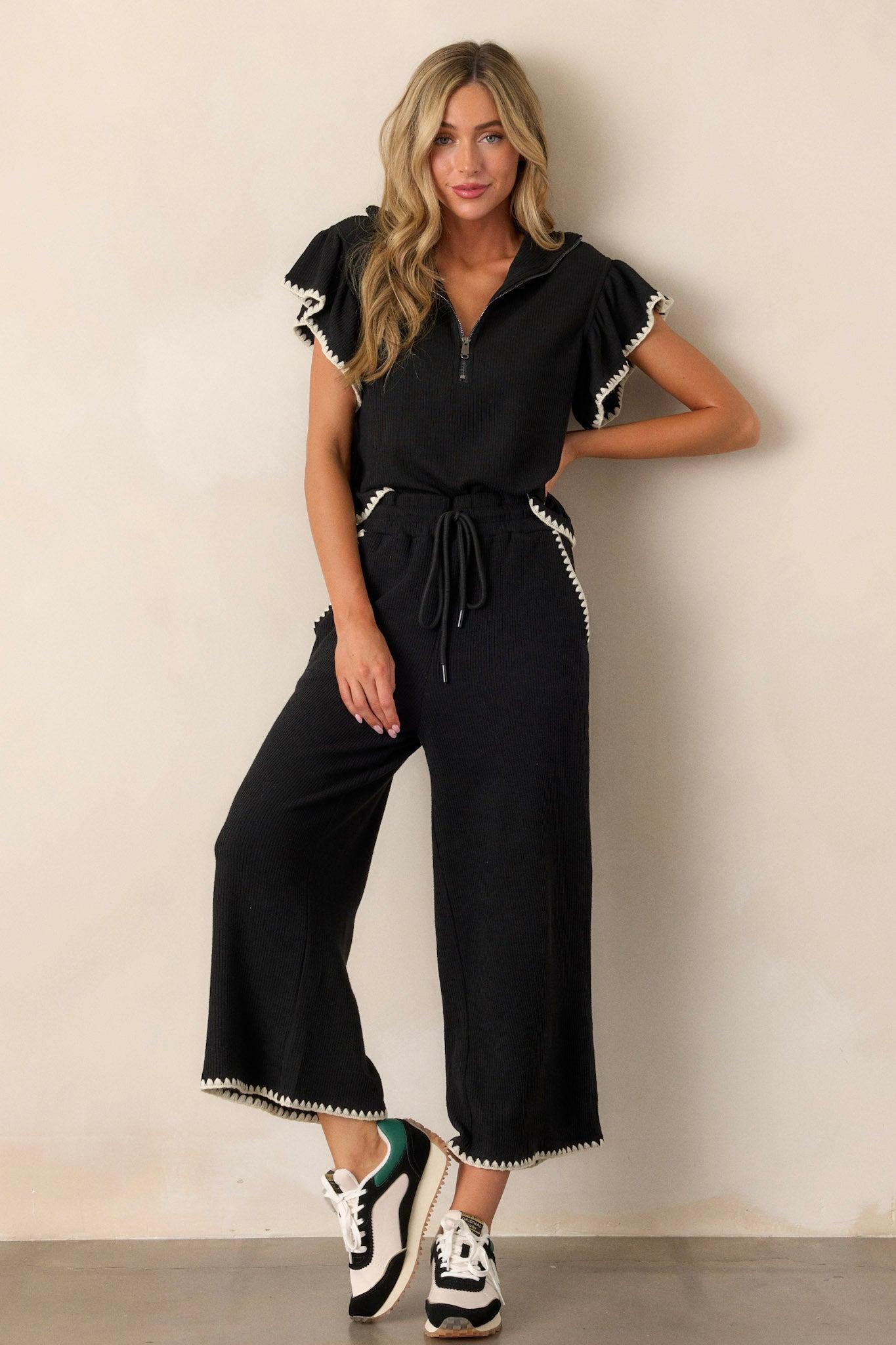 Anytime Now Black Blanket Stitch Wide Leg Pants Product Image