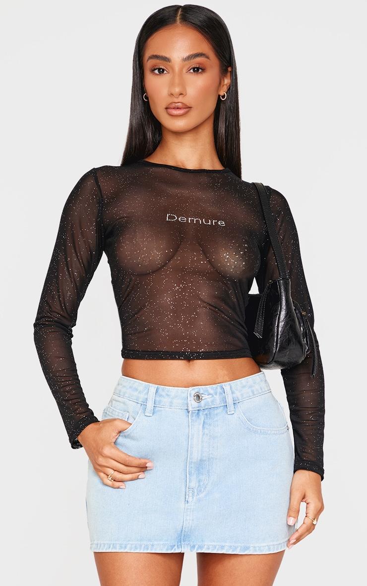 Petite Black Demure Diamante Detail Mesh Top product image