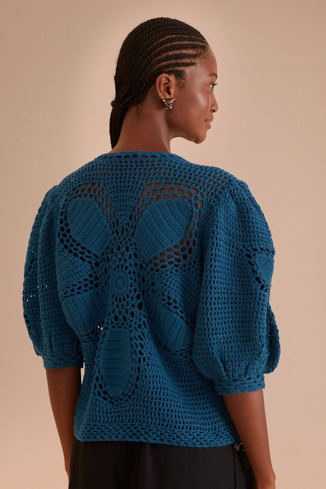 Teal Flower Draw Crochet Blouse, TEAL / XL Product Image