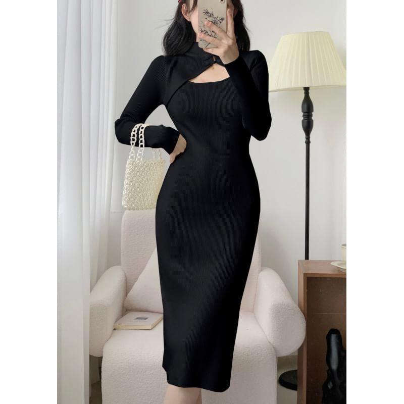 Long-Sleeve Mandarin Collar Plain Frog Button Cutout Midi Sheath Knit Dress Product Image