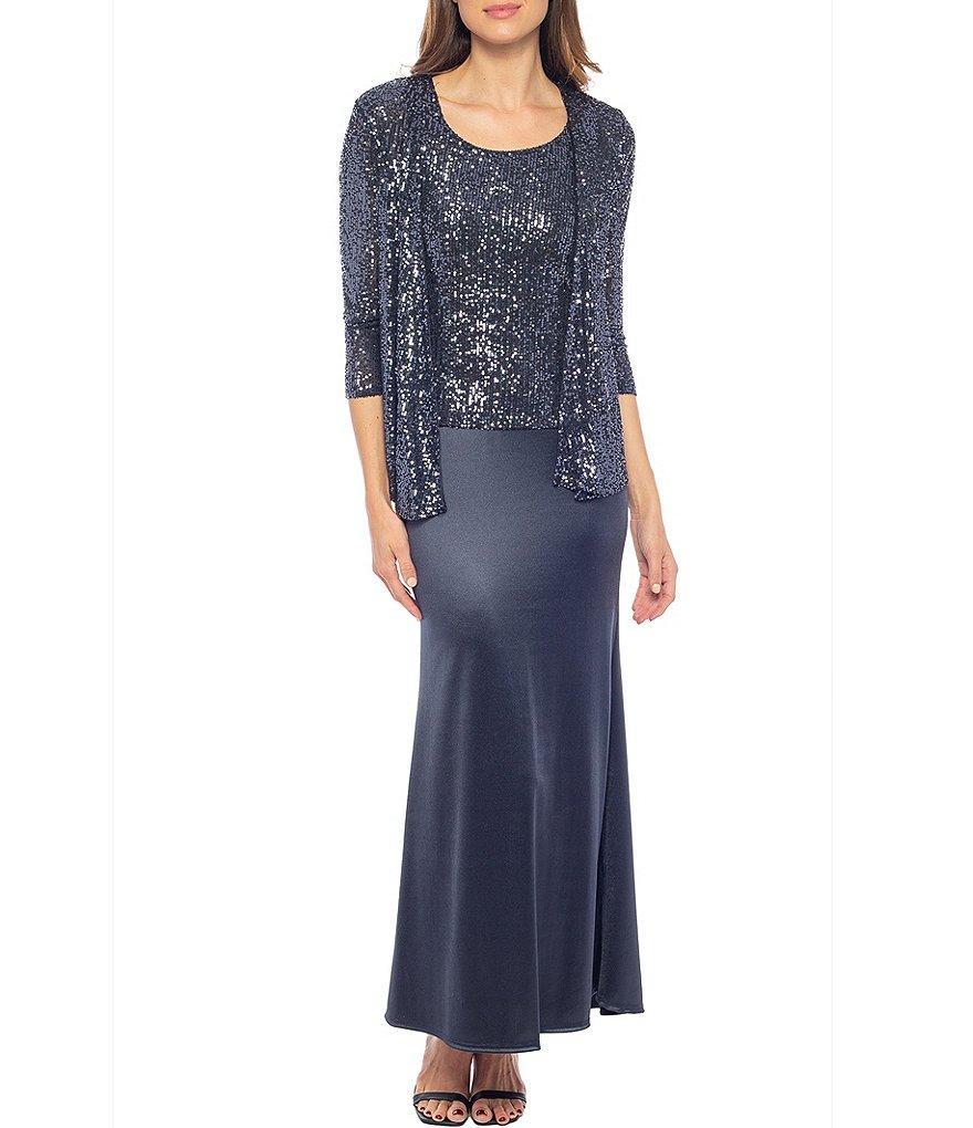 Marina 3/4 Sleeve Scoop Neck Sequin Satin 2-Piece Jacket Dress Product Image