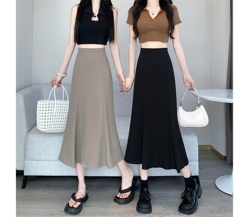 High Rise Plain Midi A-Line Skirt Product Image