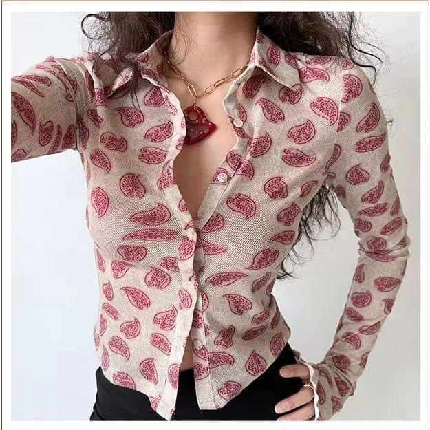 Long-Sleeve Collared Patterned Print Button Top Product Image