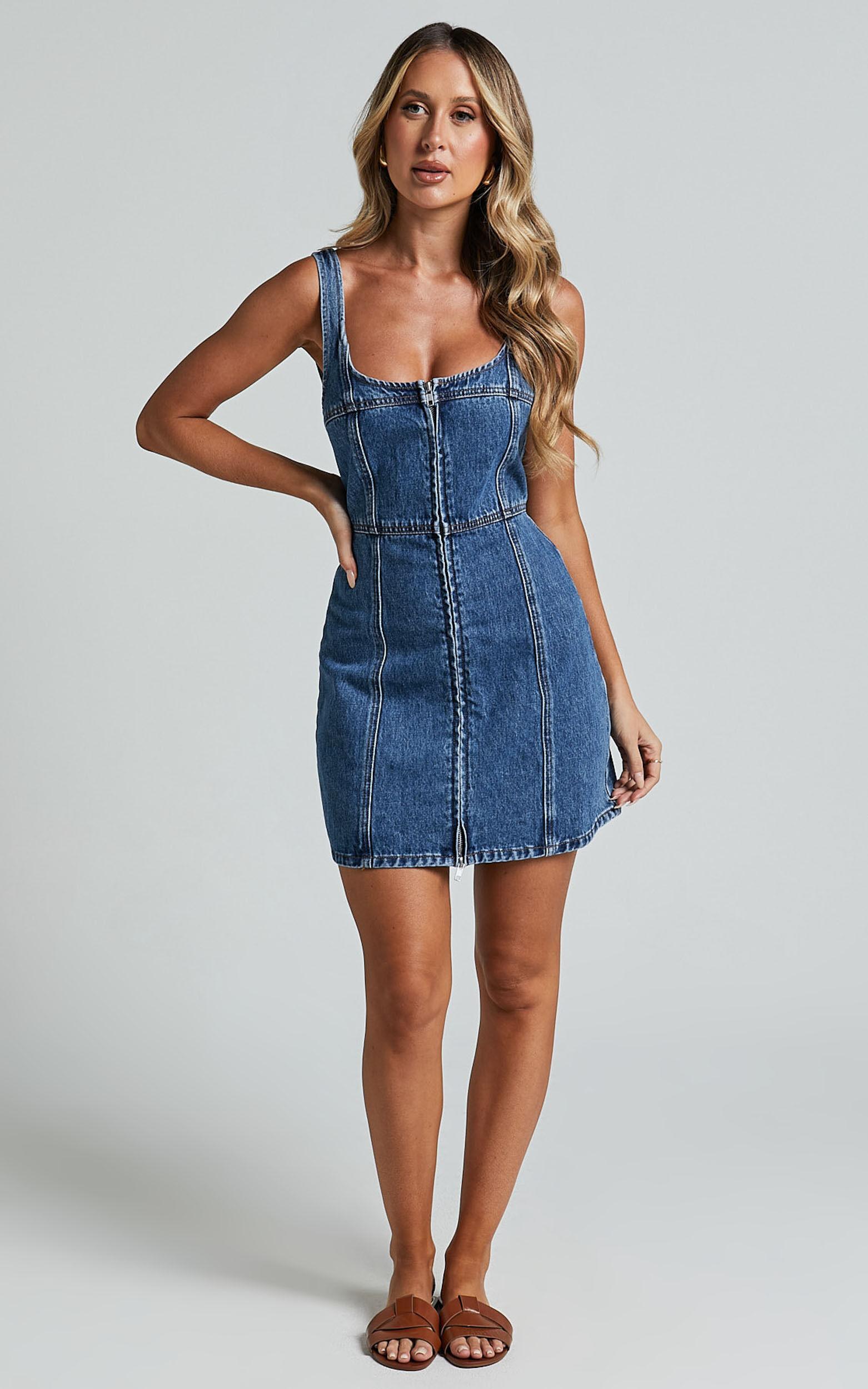 Chrysoula Mini Dress - Square Neck Zip Front Sleeveless Bodycon Denim in Mid Blue Wash Product Image