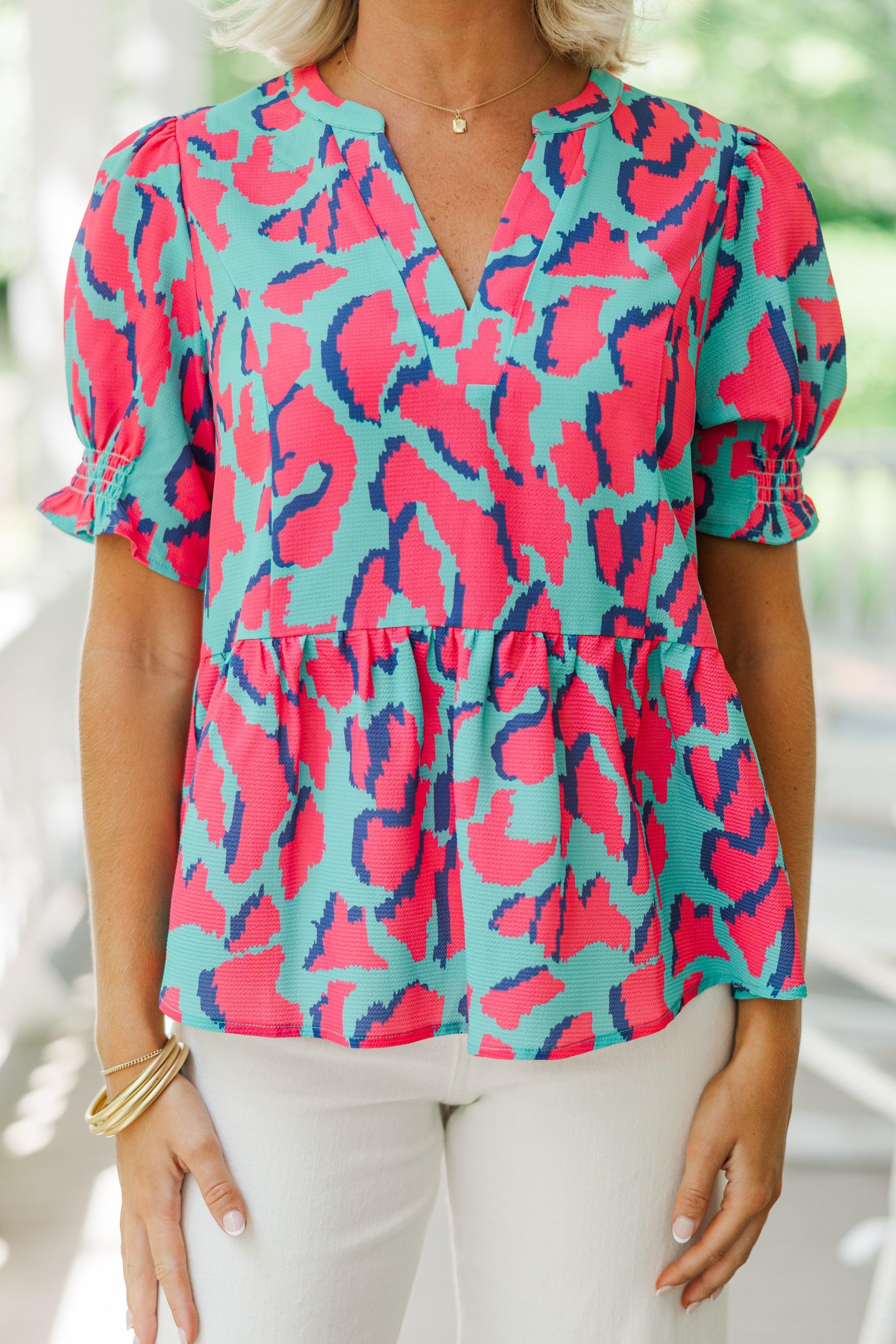 I See The Light Emerald & Pink Leopard Blouse Female Product Image