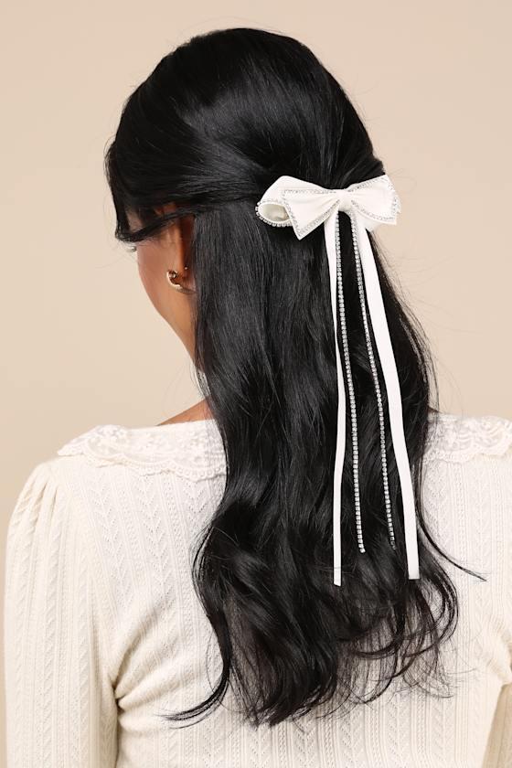 Adorable Dazzle Ivory Rhinestone Long Ribbon Bow Hair Clip Product Image