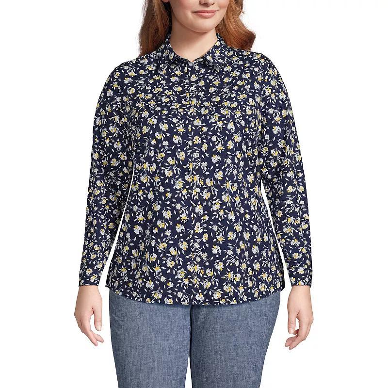 Plus Size Lands End Wrinkle-Free No Iron Button-Front Shirt, Womens Deep Blue Wildflower product image