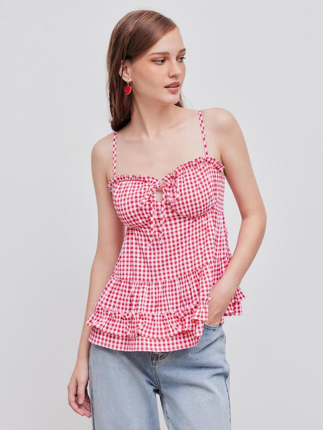 Sweetheart Gingham Ruffle Tiered Knotted Cami Blouse Product Image