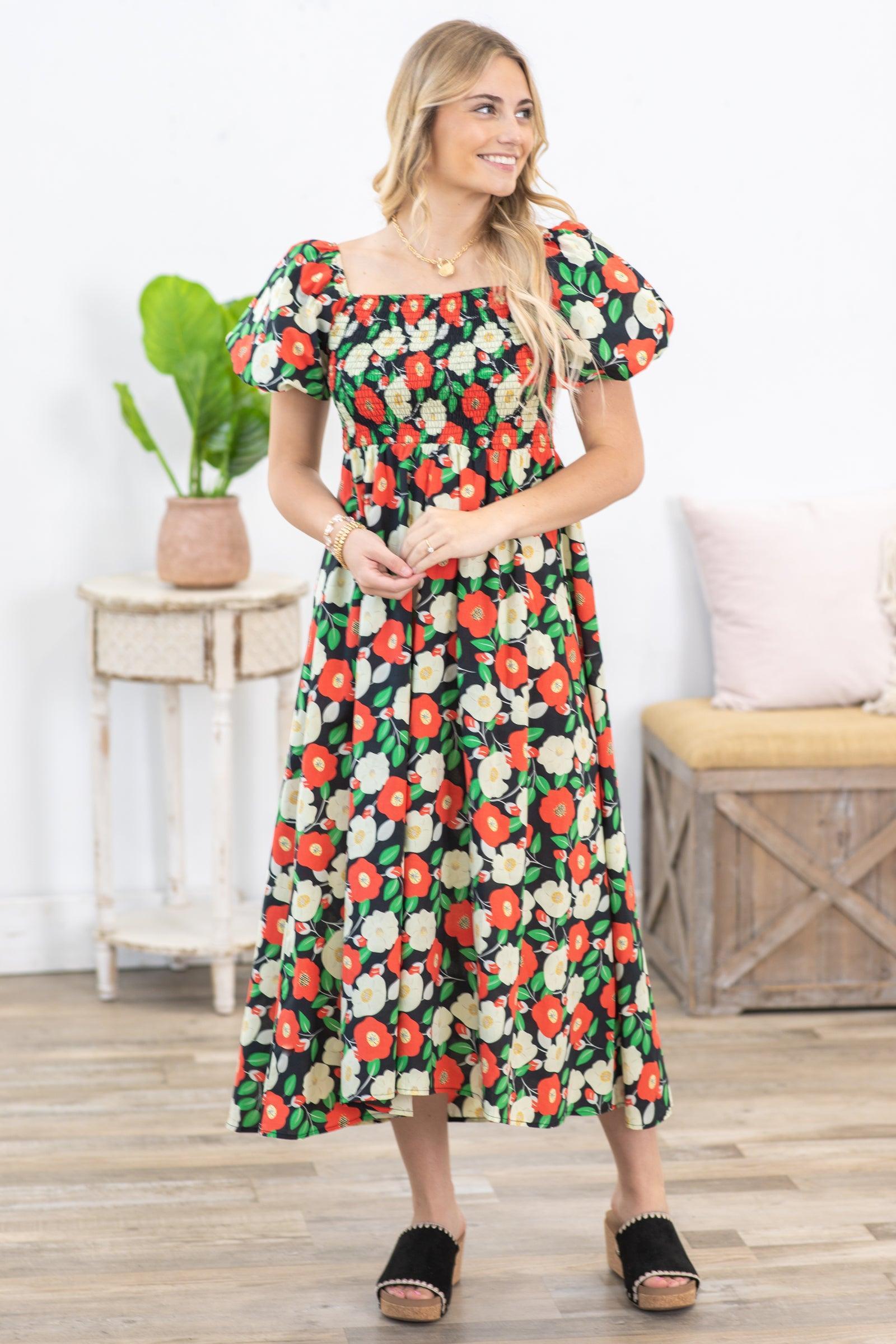 Black Floral Puff Short Sleeves Midi Dress Product Image