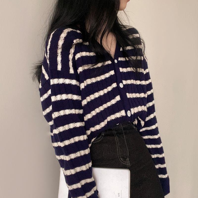 V-Neck Striped Ribbed Cardigan Product Image