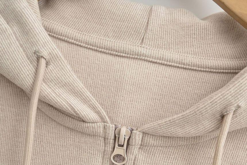 Long Sleeve Plain Slim-Fit Zip-Up Hooded Jacket Product Image