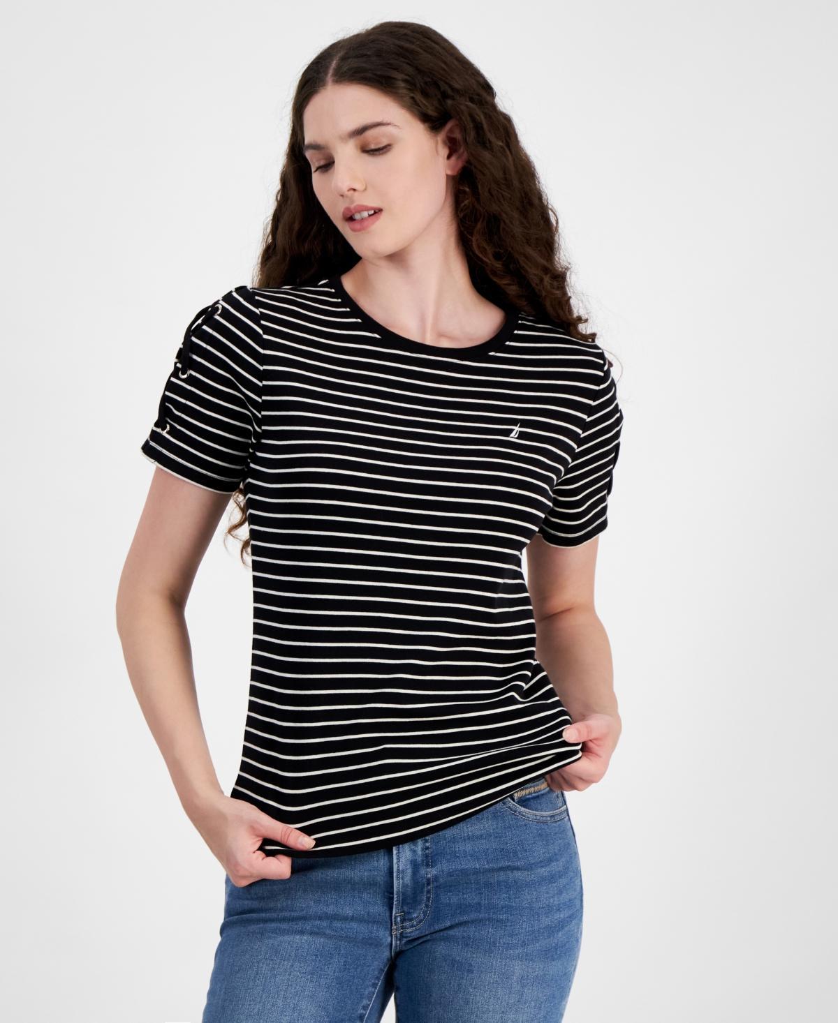 Nautica Jeans Womens Striped Lace-Up Short-Sleeve T-Shirt Product Image