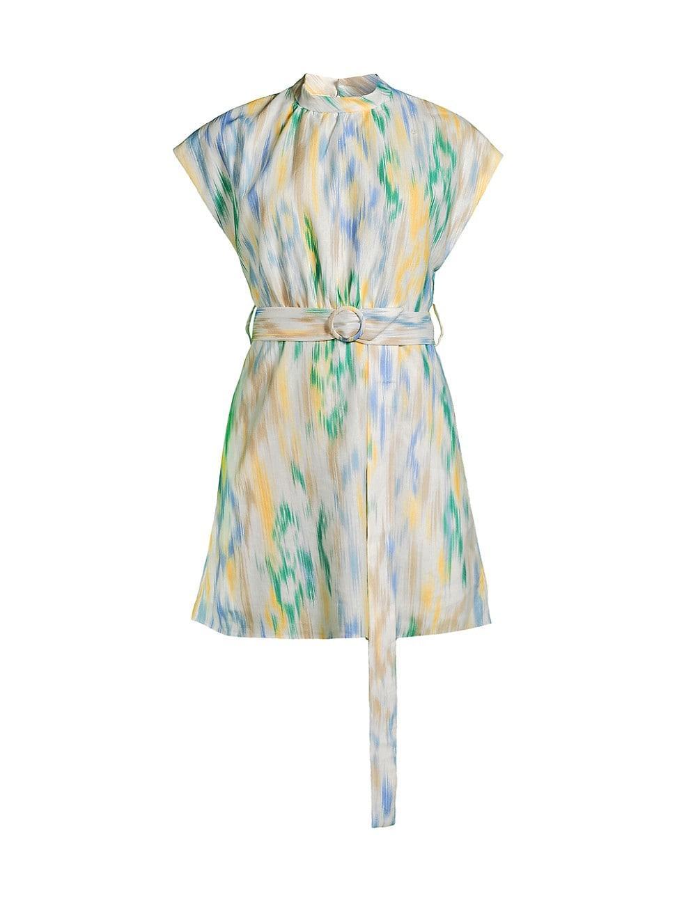 Womens Ikat-Inspired Linen-Blend Belted Minidress Product Image