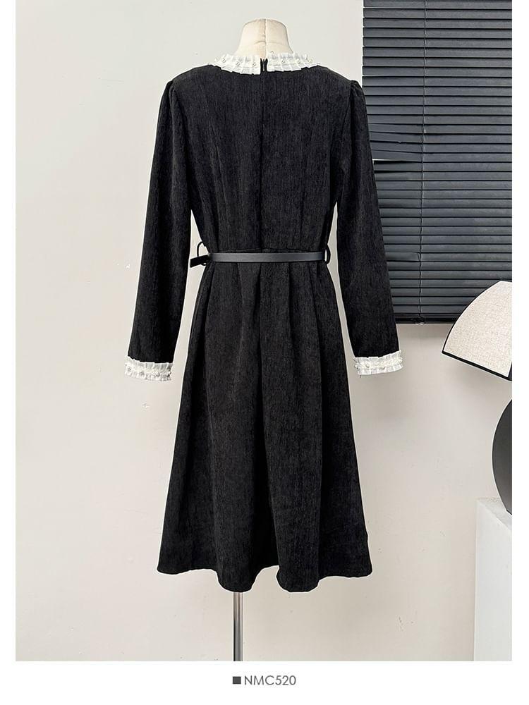 Corduroy Round Neck Dress With Belt Product Image