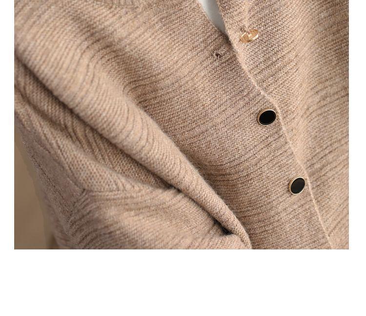 Round Neck Plain Ribbed Knit Button Cardigan Product Image