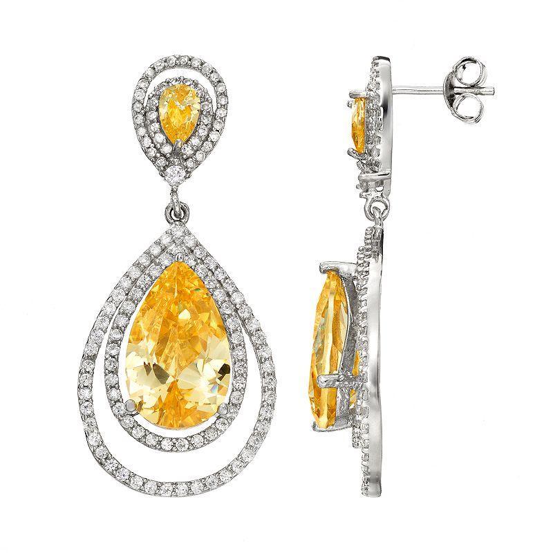 Sophie Miller Canary & White Cubic Zirconia Sterling Silver Halo Teardrop Earrings, Womens, Yellow Product Image