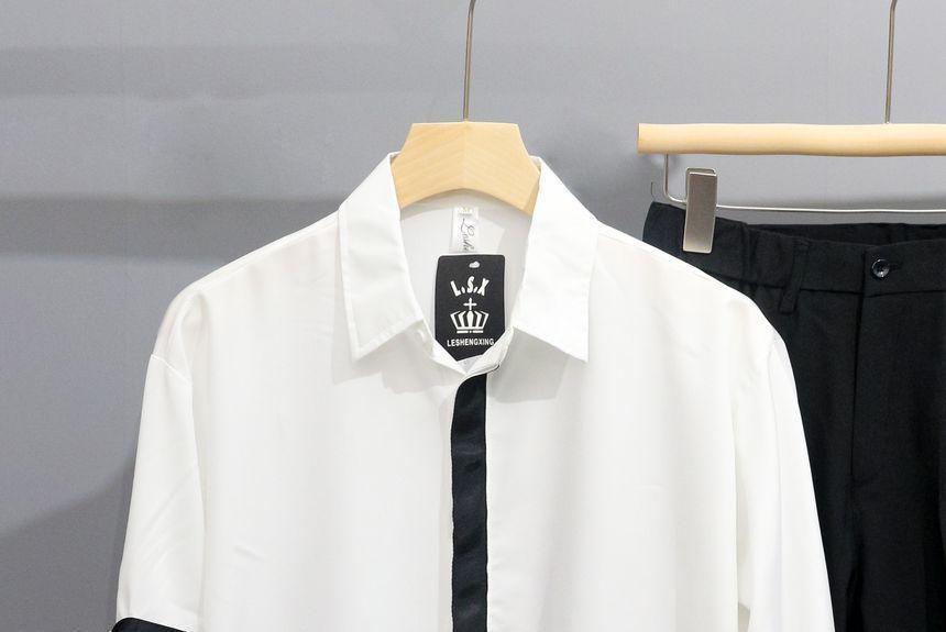 Long-Sleeve Contrast Trim Button-Up Shirt Product Image