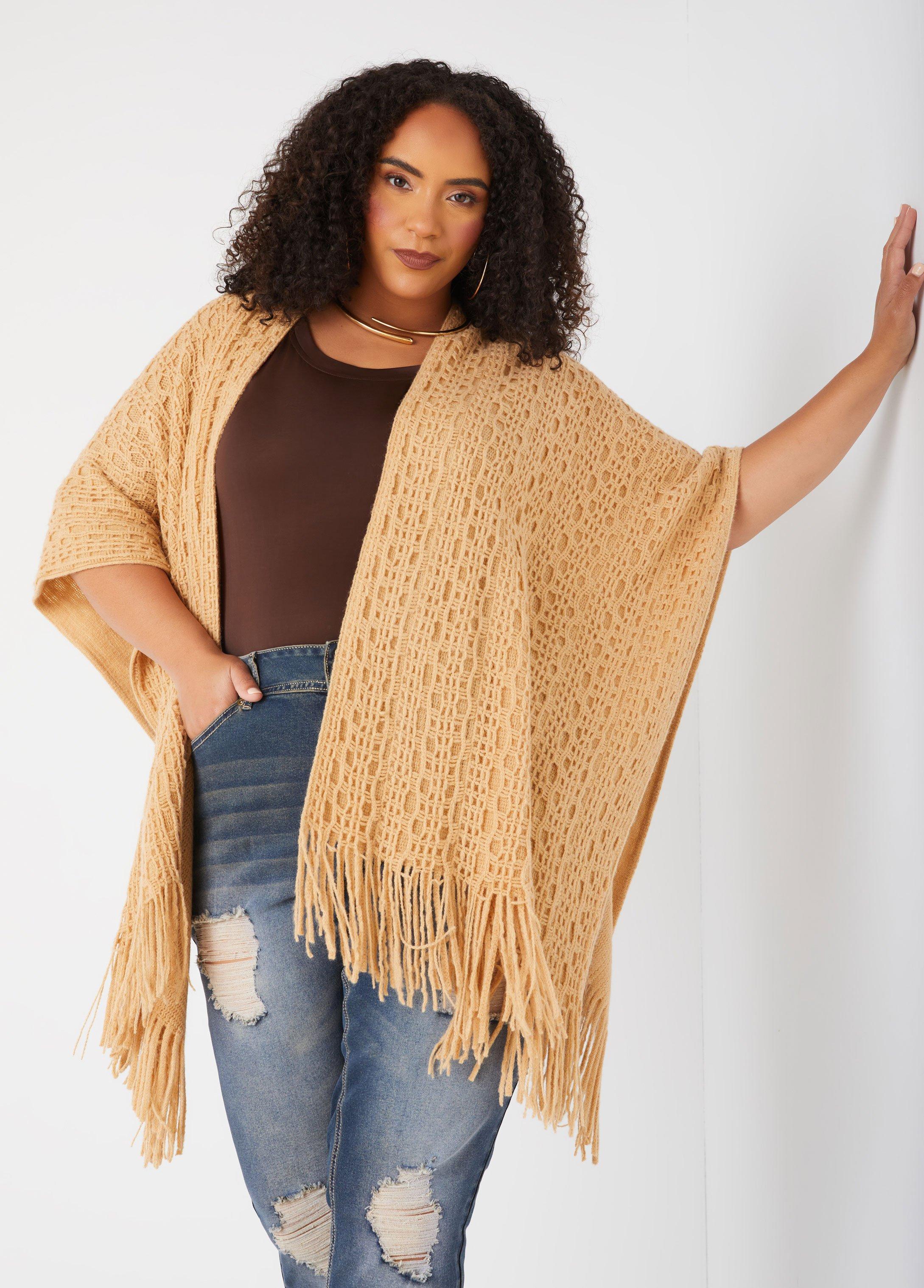 Plus Size Fringe Open Knit Ruana Ashley Stewart Product Image