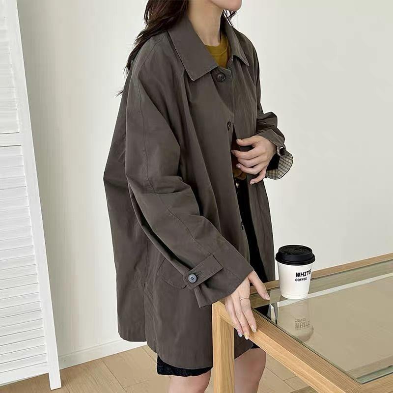 Collared Plain Button Trench Jacket Product Image