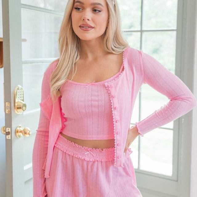 At This Time Pink Pointelle Lounge Cami and Cardigan Product Image