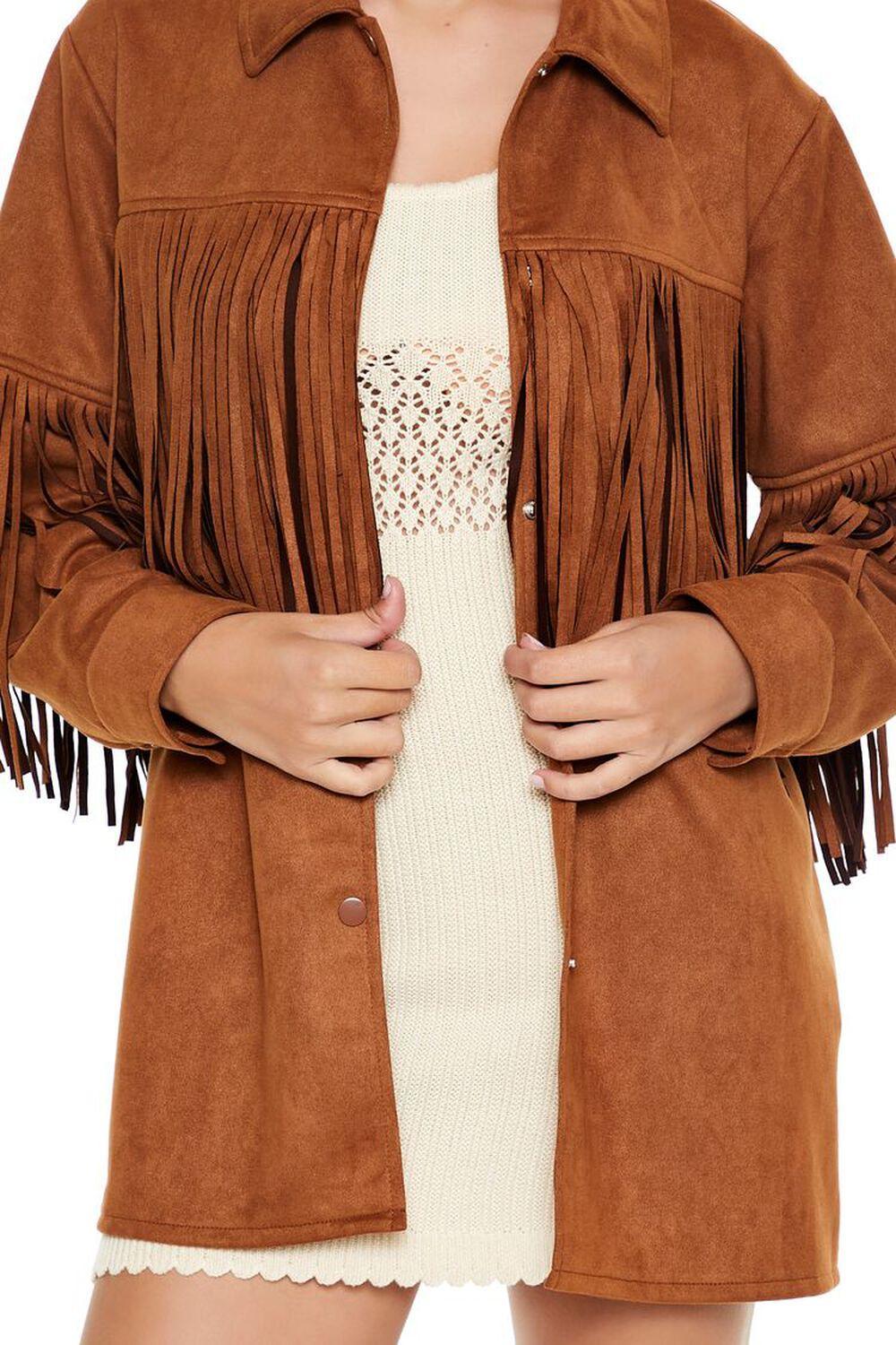 Faux Suede Fringe-Trim Shacket | Forever 21 Product Image