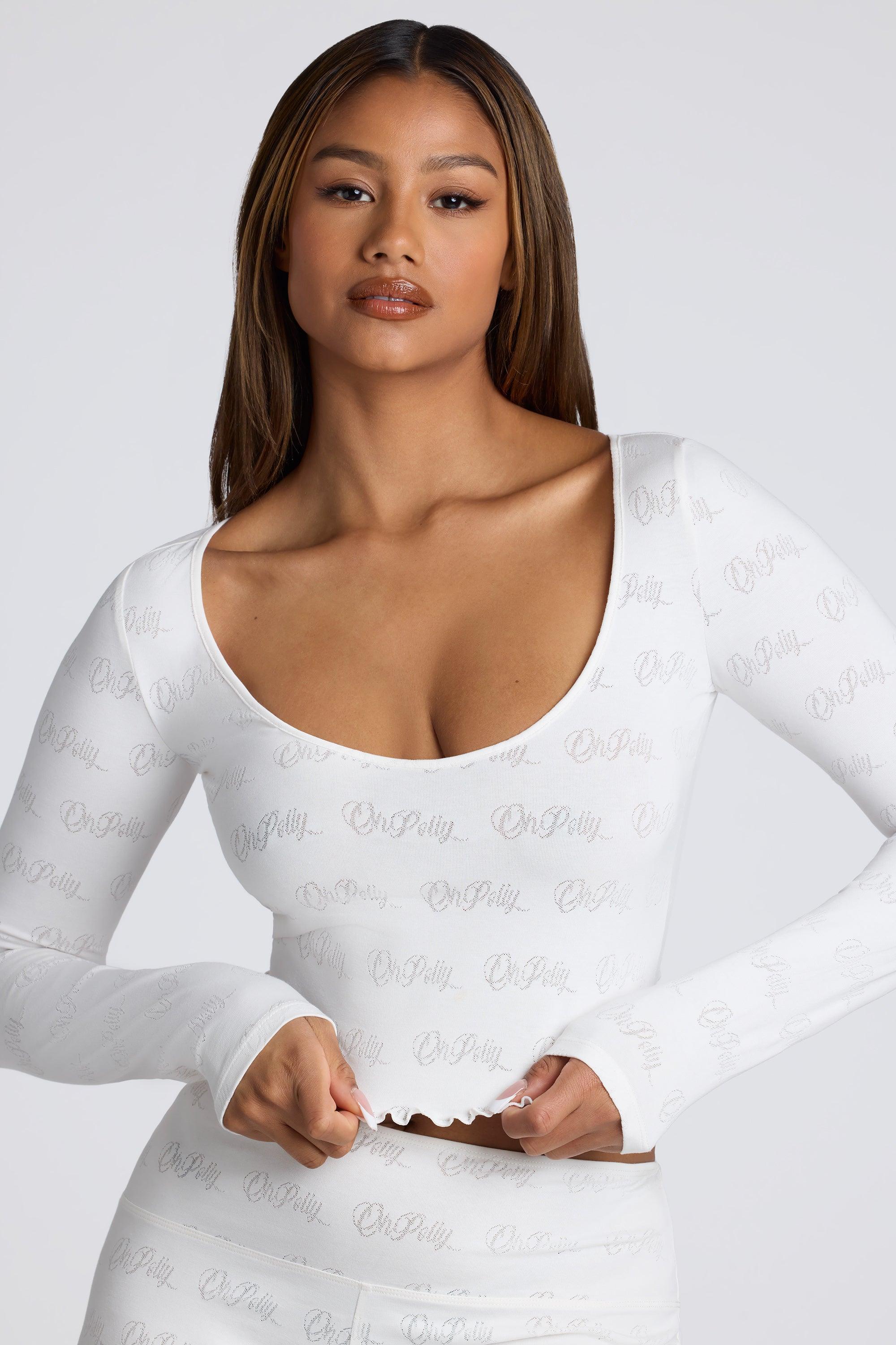 Long Sleeve Scoop Neck Pointelle Crop Top in White Female Product Image