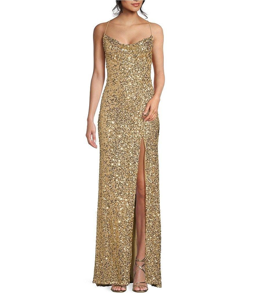 B. Darlin Cowlneck Sequin-Embellished High Slit Hem Gown product image