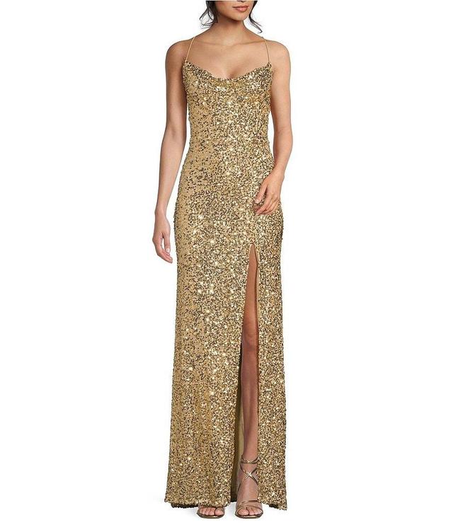 B. Darlin Cowlneck Sequin-Embellished High Slit Hem Gown Product Image