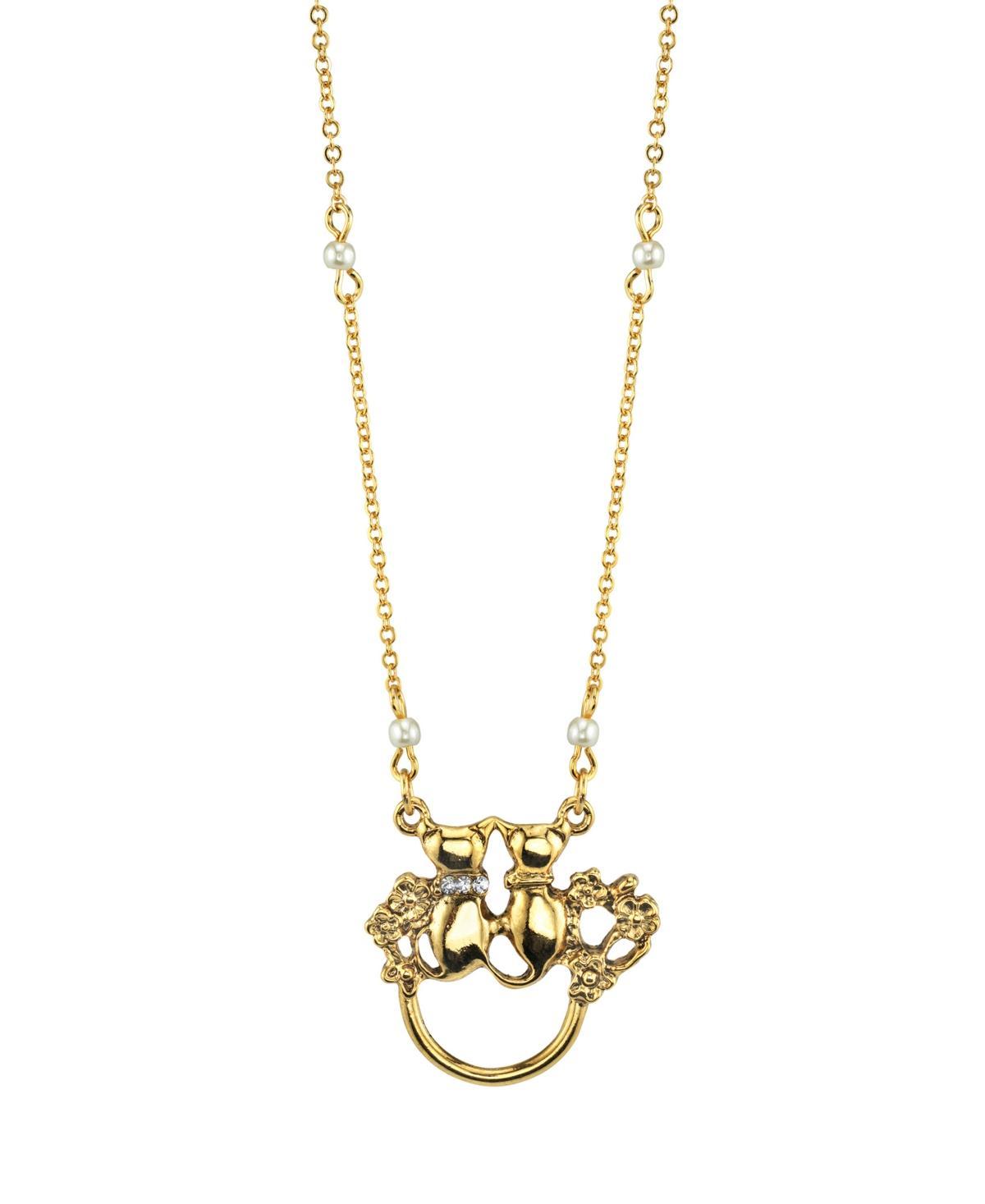 1928 Jewelry Simulated Pearl & Crystal Cat Motif Pendant Necklace, Womens, Gold Tone Product Image