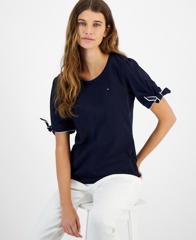 Women's Crewneck Short-Sleeve Tie-Cuff Top Product Image