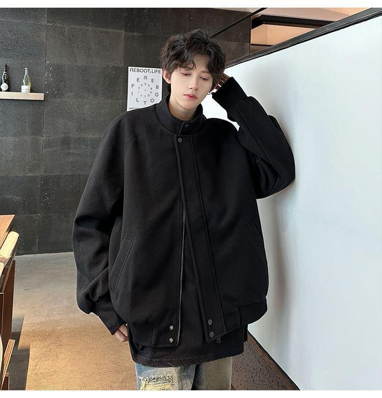 Stand Collar Plain Zip-Up Jacket Product Image