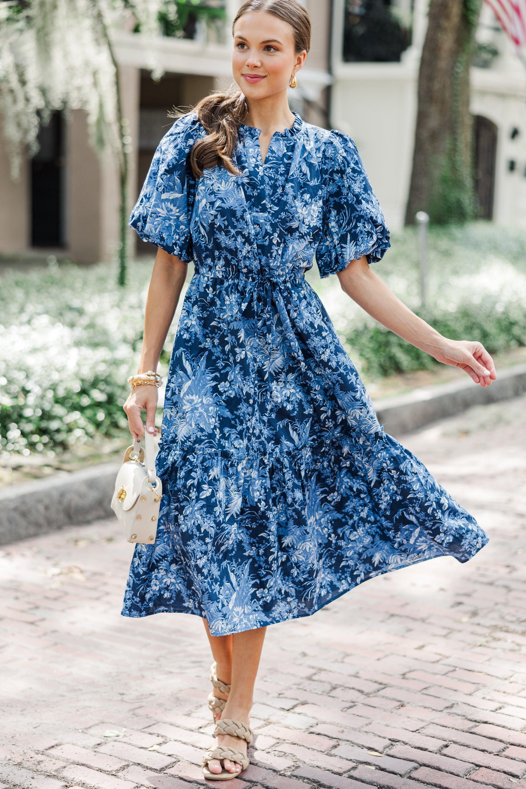 It's A Match Navy Toile Midi Dress Female Product Image