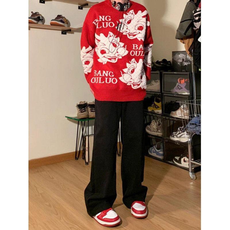 Crew Neck Dragon Print Sweater Product Image