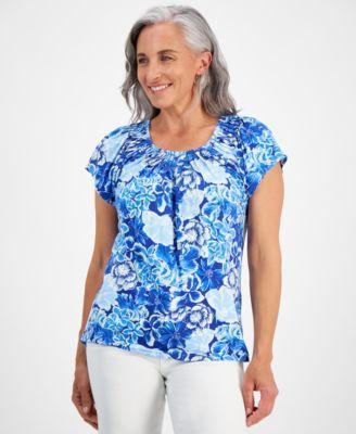 Petite Printed Pleated-Neck Top, Created for Macy's Product Image