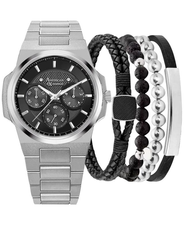 American Exchange Mens Silver Tone Chronograph Watch & 4-pc Stackable Bracelet Set Product Image