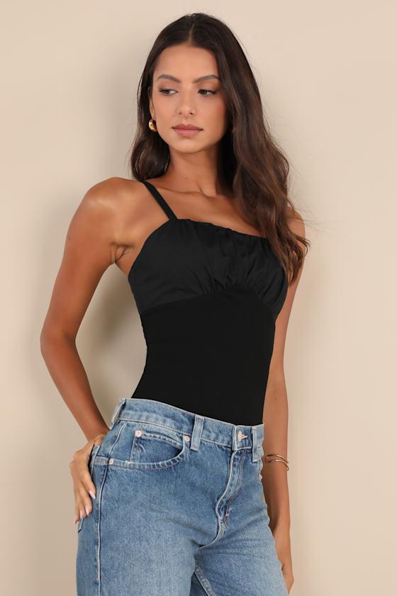 Breezy Smiles Black Poplin Ribbed Knit Cami Top Product Image