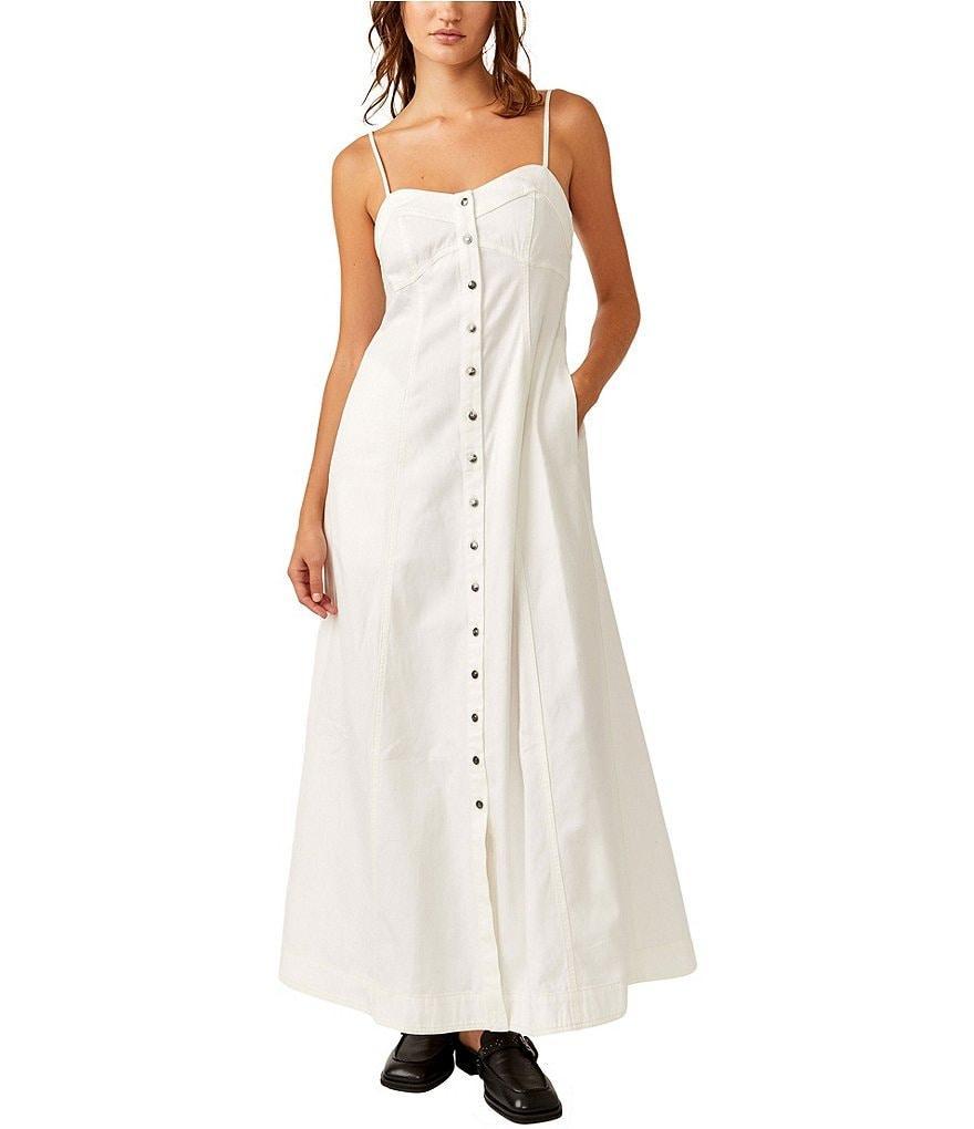 Free People Just Jill Sweetheart Neck Sleeveless Spaghetti Strap Pocketed Button Front Empire Waist Maxi Dress Product Image