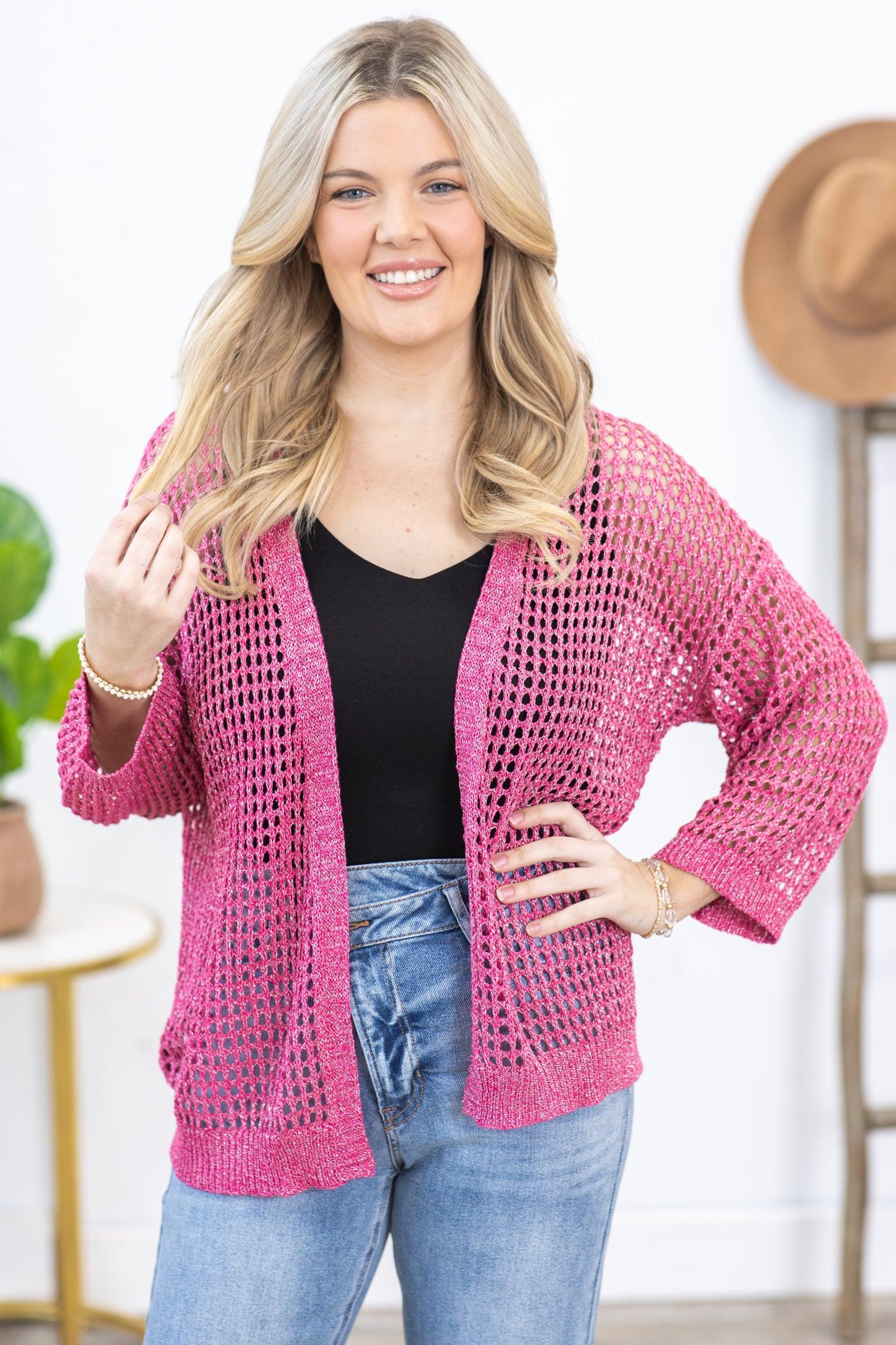 Hot Pink Crochet Open Cardigan With Lurex Product Image