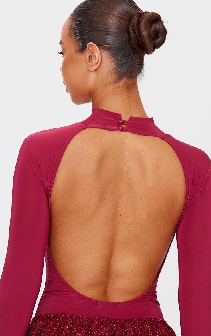 Burgundy Slinky High Neck Backless Bodysuit Product Image