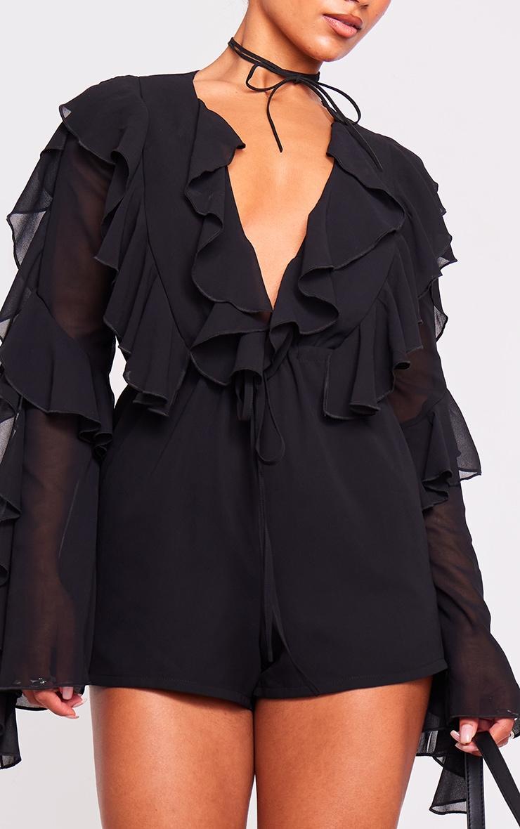 Black Ruffle Detail Long Sleeve Plunge Romper Product Image