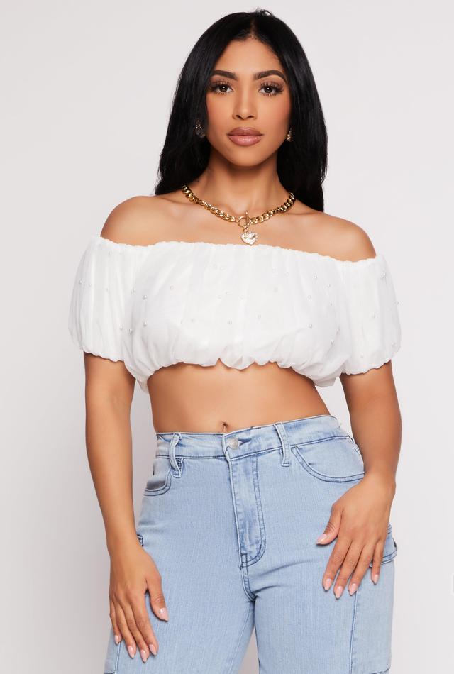 Womens Beaded Mesh Off the Shoulder Crop Top Product Image