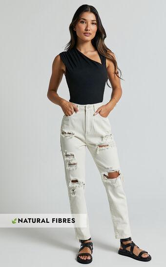 Billie Jeans - High Waisted Cotton Distressed Mom Denim Jeans in Ecru Product Image