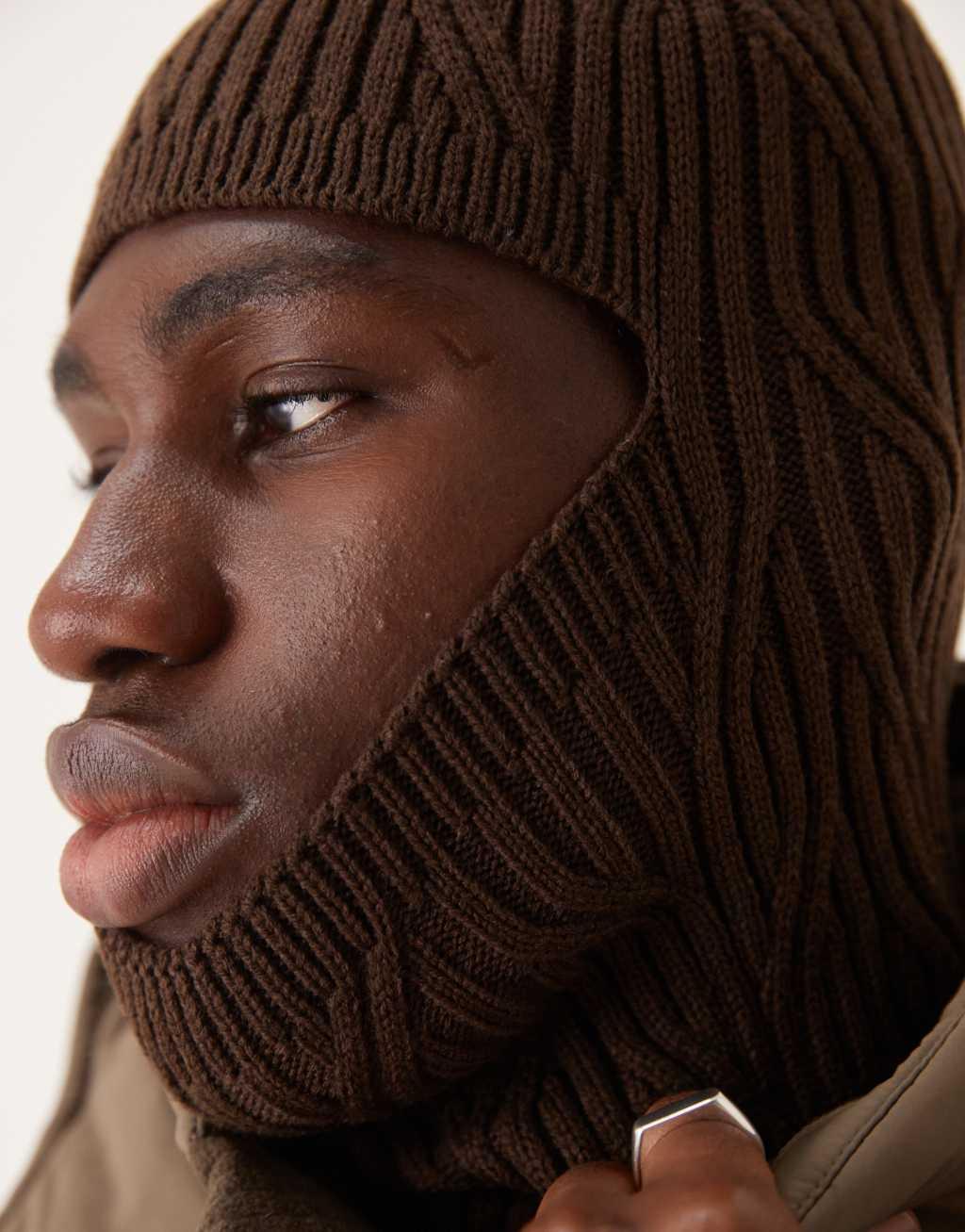 ASOS DESIGN cable knit balaclava in brown Product Image