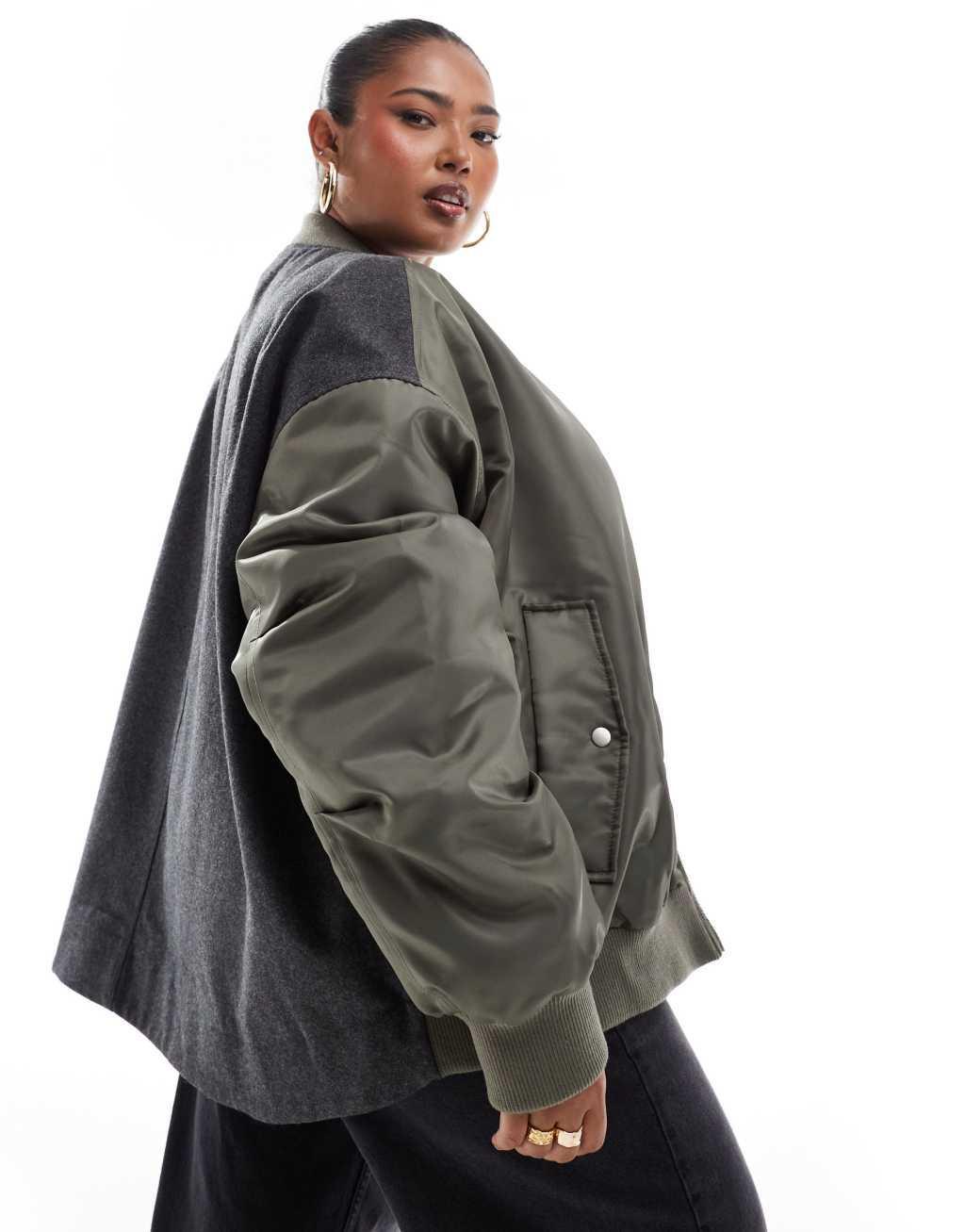 ASOS DESIGN Curve spliced bomber jacket in khaki and gray Product Image