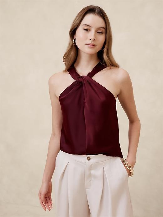 Silky Twist-Front Halter Blouse Product Image