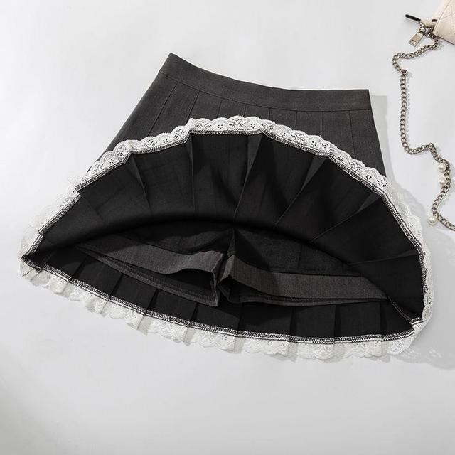 High Rise Pleated Lace Trim Mini A-Line Skirt Product Image