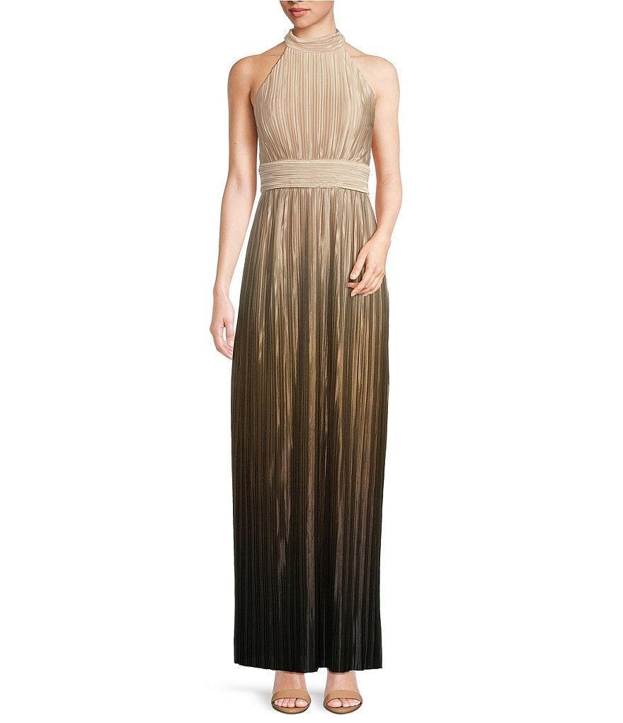 R & M Richards Sleeveless Halter Neck Pleated Ombre Dress Product Image