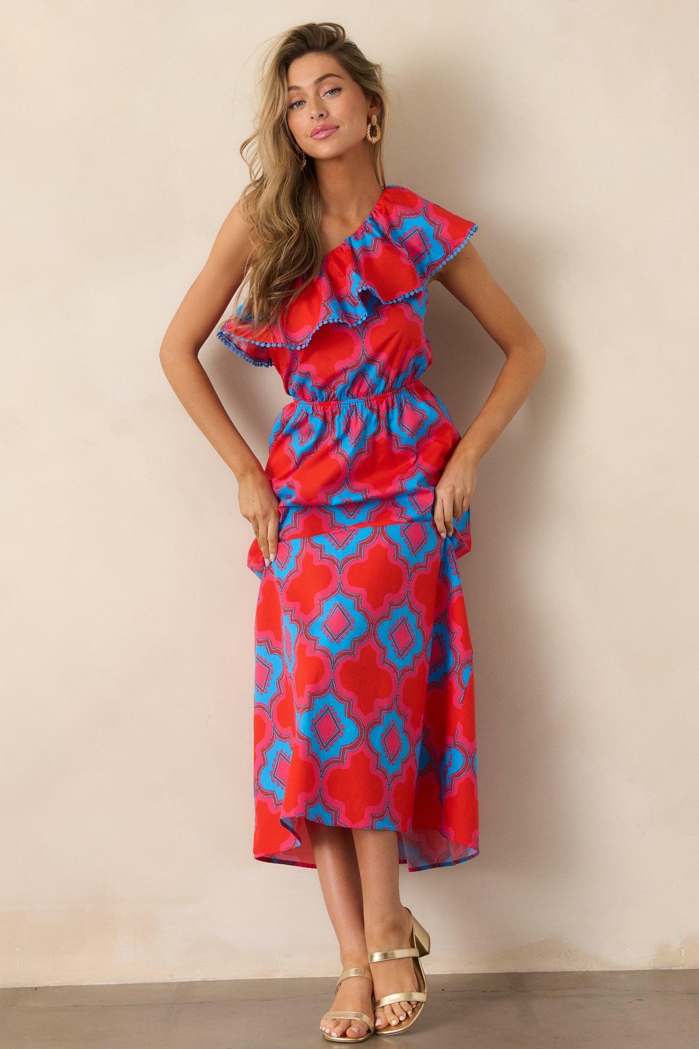 Packing My Bags Cotton Red Multi Print One Shoulder Midi Dress Product Image