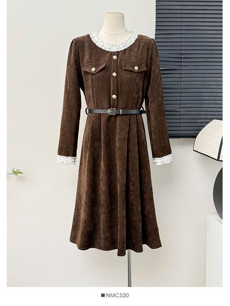 Corduroy Round Neck Dress With Belt Product Image