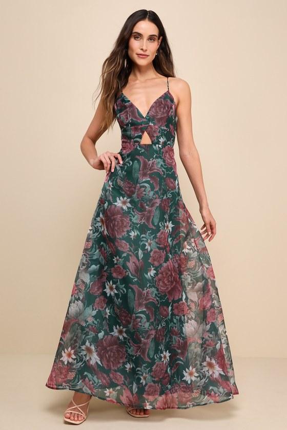 Enchanting Entrance Green Floral Organza Keyhole Maxi Dress Product Image